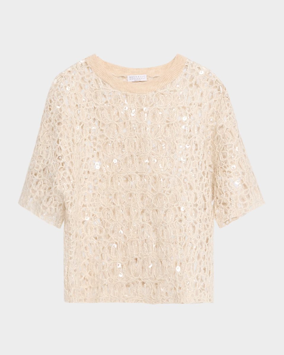 Wool-Cashmere Sequined Open-Knit Short-Sleeve Sweat